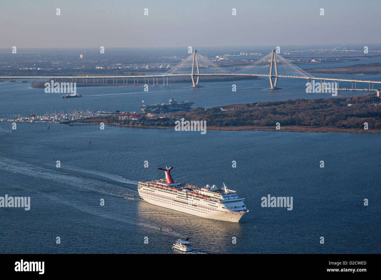 Aerial showing Carnival Cruise Lines ship departing ...